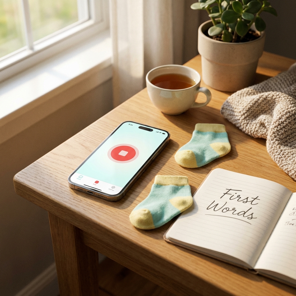 Warm home scene with baby socks, notebook, and tea